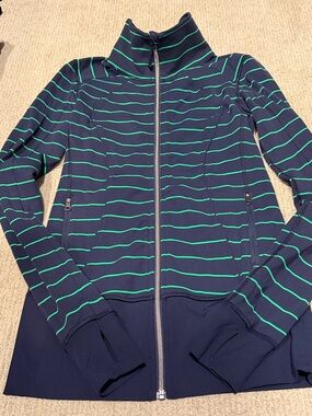 Lululemon Striped Navy Zip-Up Jacket with Green Accents